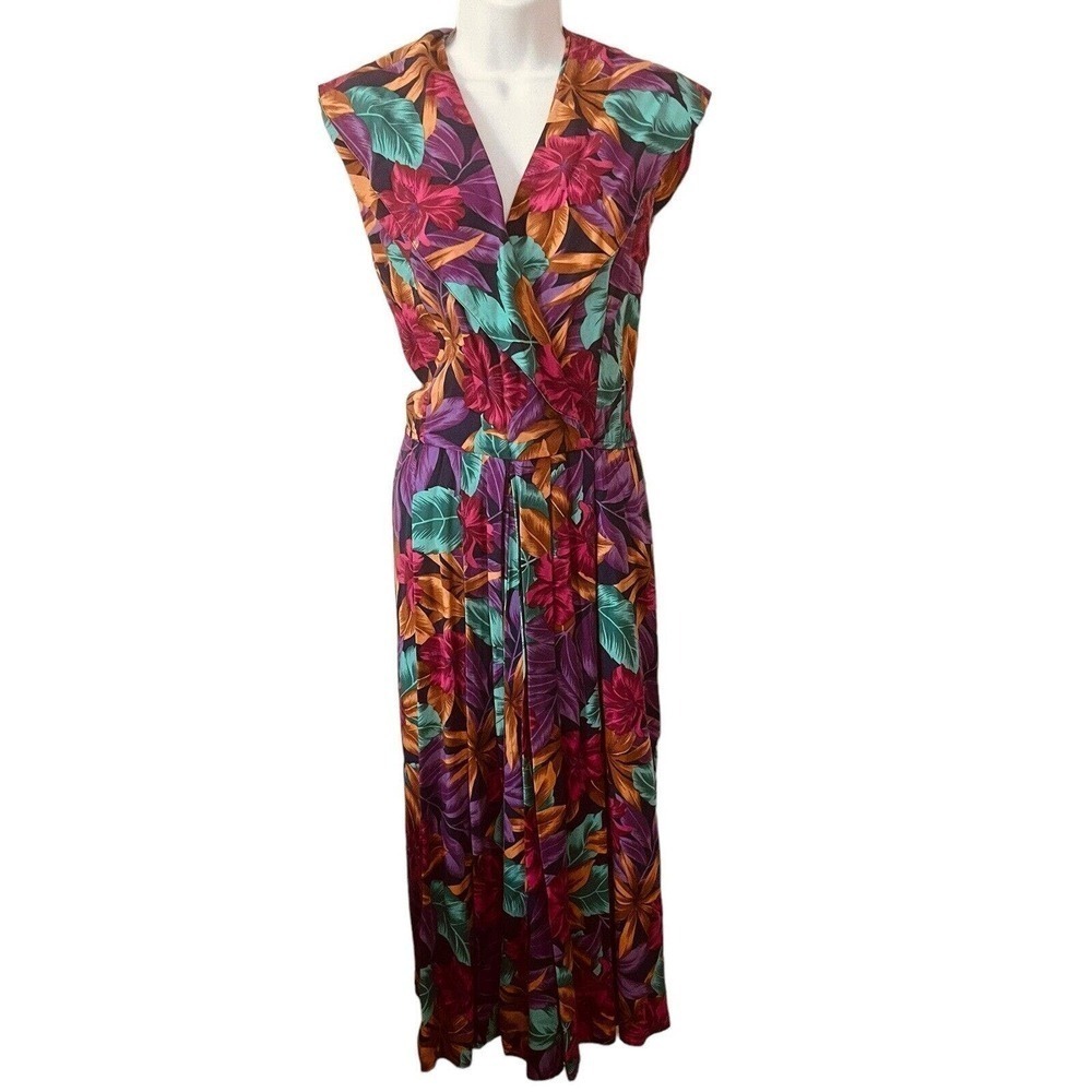 Colorayons Sz 10 Midi Dress Vintage V-Neck Wide Shawl Collar 100% Rayon Pockets